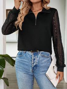SHEIN LUNE Ladies Zipper Long Sleeve Lace Slim Fit Elegant Elegant Charm Splicing Sweatshirt - Navy Blue - View 3