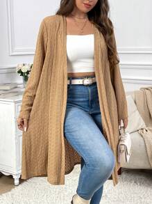 SHEIN Privé Plus Size Đi làm thanh lịch Áo len cardigan dài đến đầu gối có họa tiết thông thường, mùa thu - Màu Khaki - Xem 3