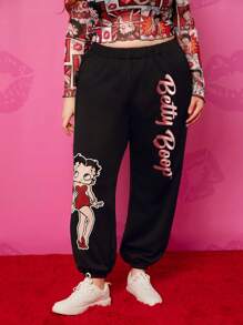 Betty Boop x SHEIN Pantaloni jogging sportivi da donna con grafica di lettere e numeri vintage, stile street sexy Y2K, taglie forti
