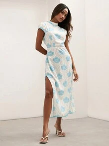 COSMINA 女士优雅格纹花卉印花侧开衩连衣裙，