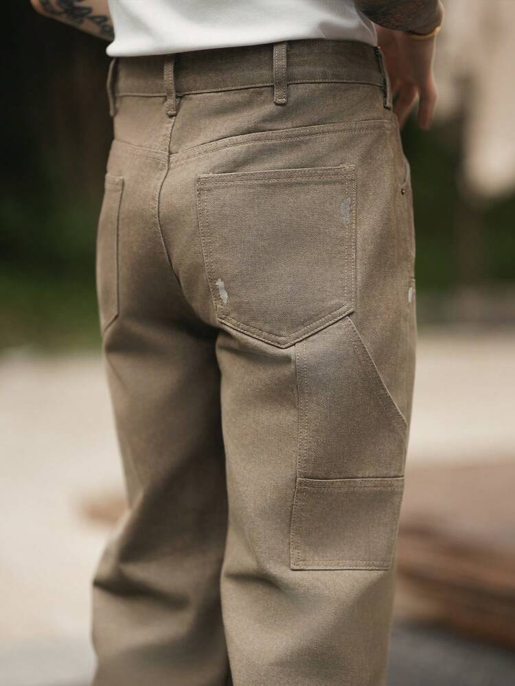 Men's Loose Retro American Style Asymmetric Green Denim Workwear Straight Leg Pants Cutter Pants