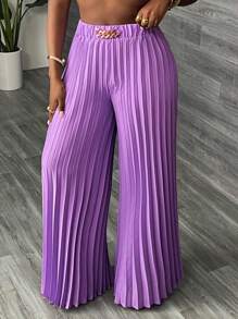 Slaydiva Women Purple Elegant Chain Decor Wide Leg Pants - Purple - View 5
