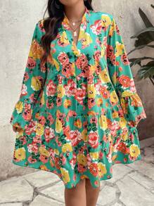 Celure Plus Size Vacation Casual Floral Allover Print Notched Neck Flare Sleeve Dress With Cutout