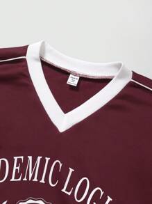 Teenage Girls' Retro V-Neck Oversized Number & Letter Print Sweatshirt, Casual Sports Pullover - Burgundy - View 3