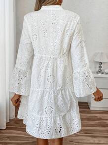SHEIN LUNE Váy nghỉ lễ nữ cổ chữ V tay loe đính thêu dáng rộng - trắng - Xem 3