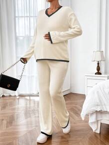 SHEIN 2pcs Maternity V-Neck Long Sleeve Solid Color Casual Top And Straight Leg Comfortable Pants Set - Apricot - View 5