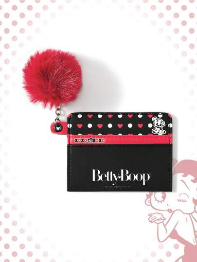Betty Boop | ROMWE Cartoon Character & Polka Dot Star Print With Pompom Detail Black Fashionable Compact Card Holder