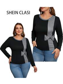 Reflora Colorblock Houndstooth Retro Elegant Long Sleeve Stretch Knit Curve Hem Top, Plus Size Fall Fashion 2026 - Black and White - View 3