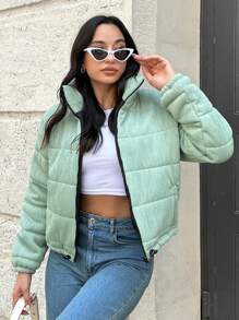 SHEIN Tall Women's Petite Corduray Puffer Coat - Green - View 1