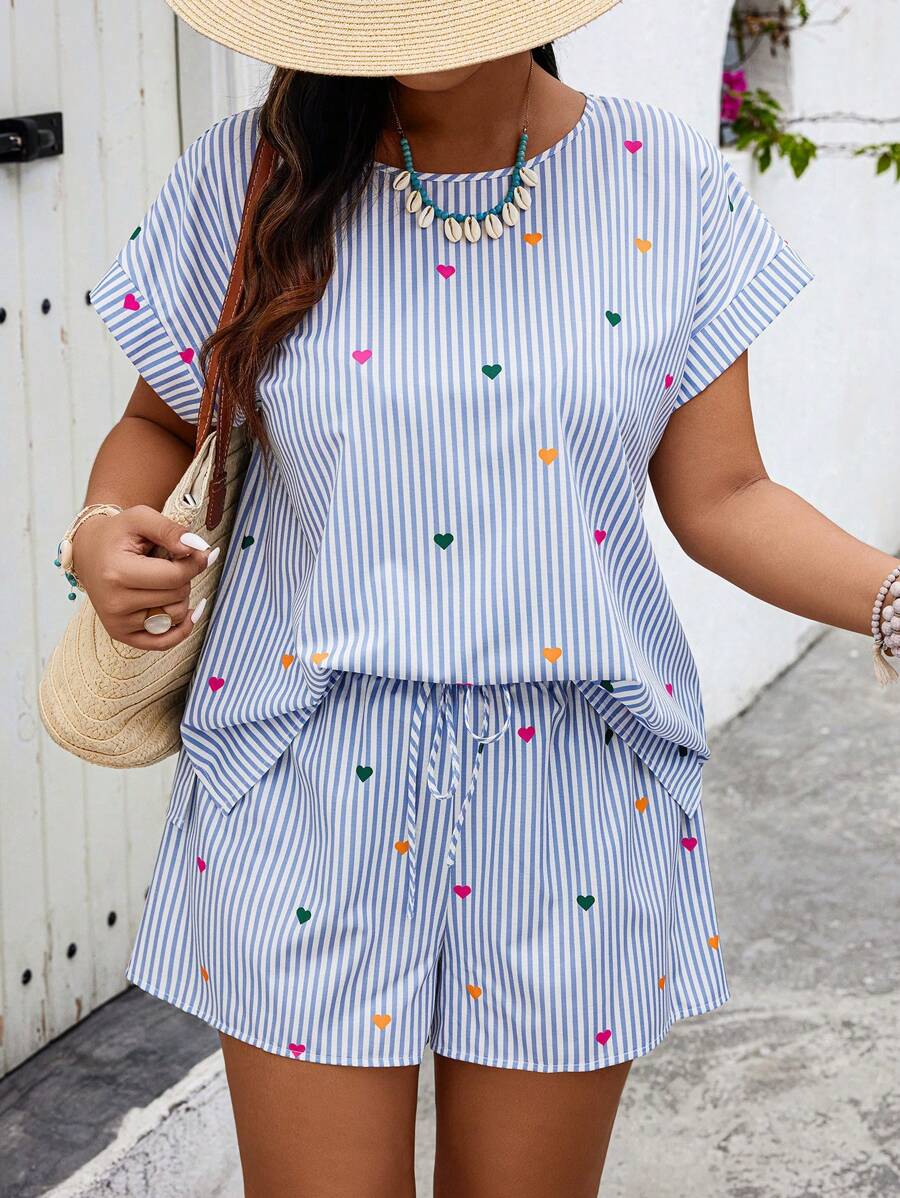 Calvaya Plus Size Women's Colorful Heart Print Striped Short Sleeve Top And Shorts 2pcs Set, Valentine, For Summer