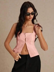 Poéselle Áo vest vải lanh, cổ vuông, cài cúc, kiểu dáng ôm sát, không tay và áo croptop, thích hợp cho kỳ nghỉ hè, đi làm hàng ngày, phong cách Pháp. - Hồng - Xem 4
