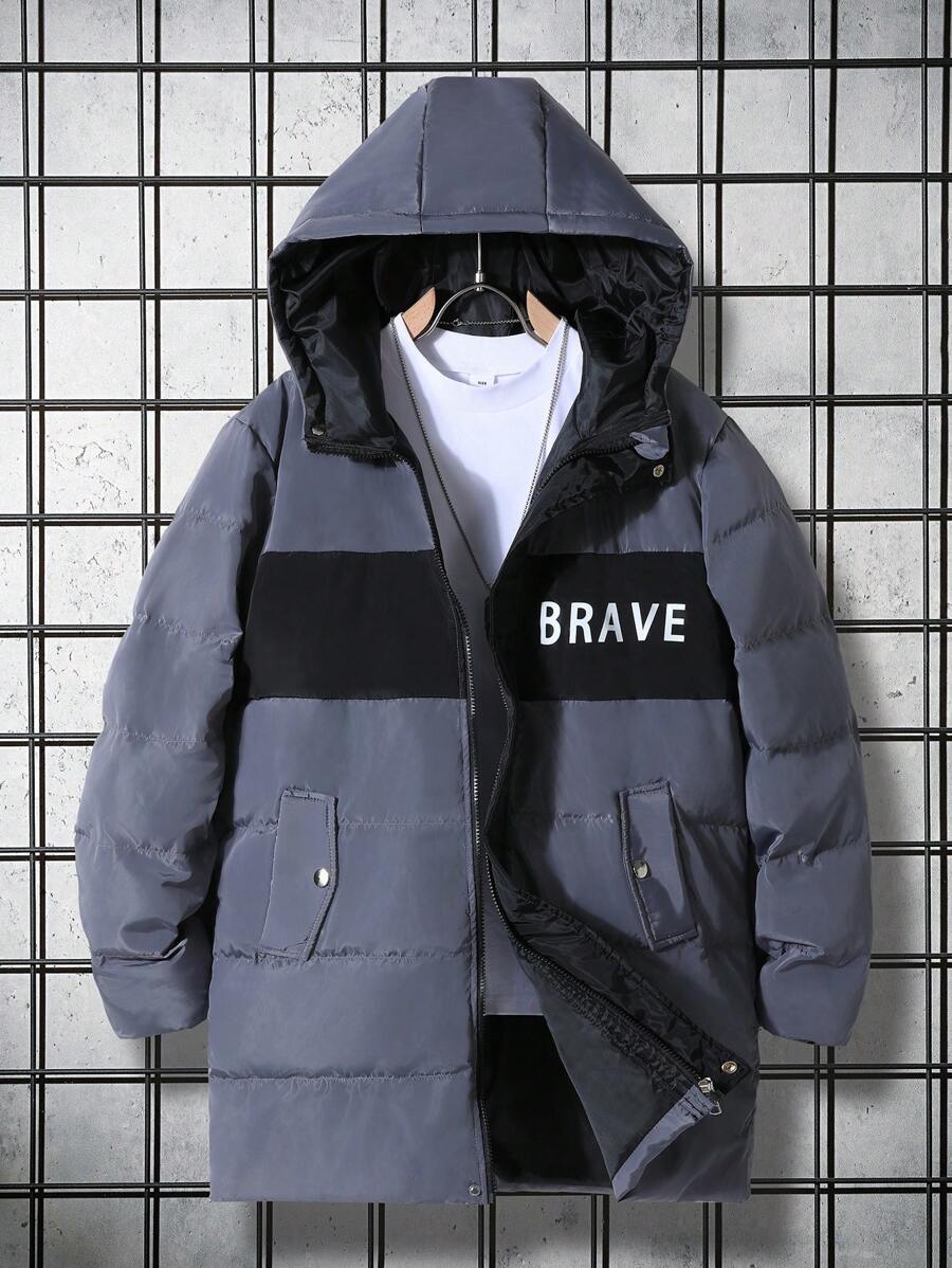 Teen Boys' Contrast Color Print Hooded Sweatshirt Winter - Grey - View 1