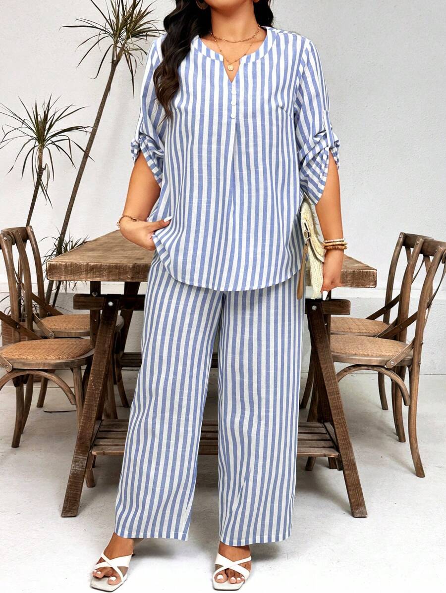 Bộ 2 Chiếc In Sọc Ngẫu Nhiên Plus Size Nữ Cổ Chữ V Mùa Hè Có Tay Và Quần Dài - Nhiều màu - Xem 1