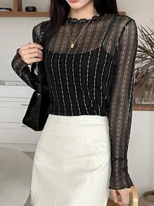 DAZY 女士透明圆领休闲衬衫，新款秋季时尚外出上衣长袖女式上衣，秋季女装 - 黑色 - 查看 8