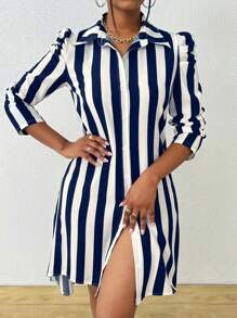 EMERY ROSE 条纹印花高低下摆衬衫裙，适合夏季长款女装