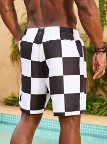 Manfinity Plus Size Men's Plaid Lace-Up Pocket Beach Shorts, Casual & Holiday