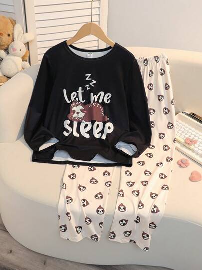 两件套女童睡衣套装：考拉印花宽松舒适长袖卫衣和长裤，阻燃设计，适合青少年女孩的休闲睡衣