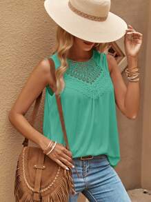 SHEIN Clasi Débardeur simple et élégant pour femmes, col rond, sans manches, avec broderie œillet et de couleur unie