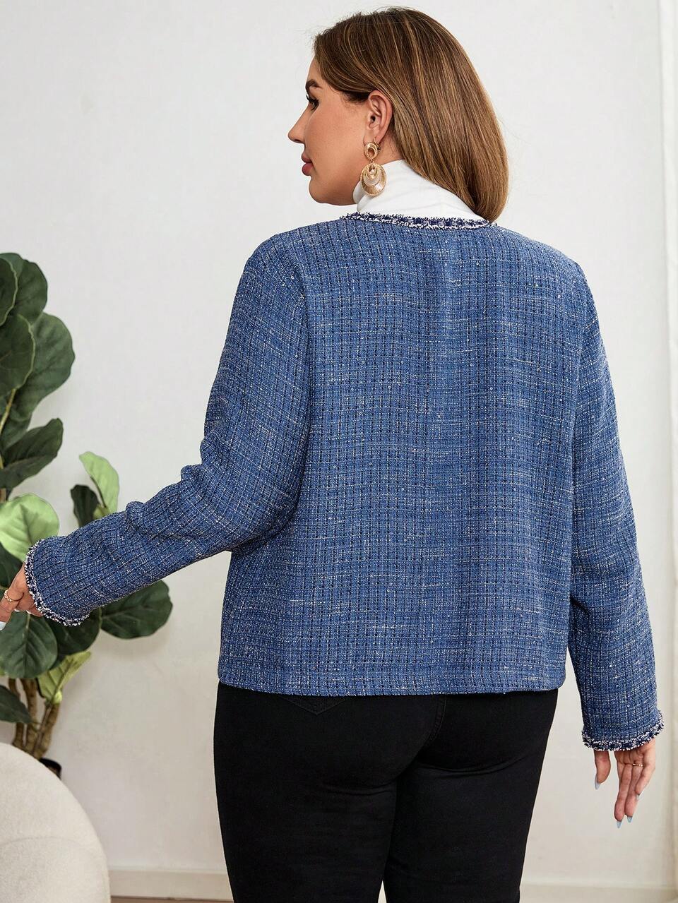 Plus Size Open Front Long Sleeve Simple Chic Tweed Pocket Jacket,Fall Clothes With Pockets