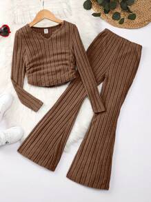 SHEIN Leap Crew Tween Girls' Academy Casual Long Sleeve Knit Rib Plain Tee & Foldover Pants Set - Brown - View 1