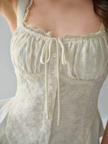 Enchnt 女士浪漫花卉刺绣夏季系带假荷叶边厚肩性感背心