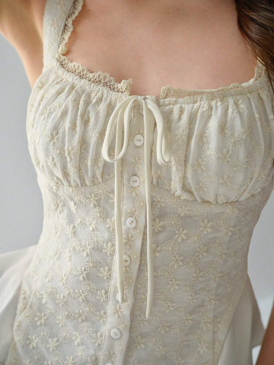 Women's Romantic Floral Embroidery Summer Lace-Up Fake Ruffle Thick Shoulders Sexy Tank Top