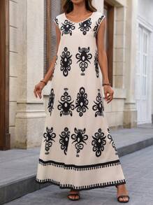 EMERY ROSE Ärmelloses Kleid mit Allover Muster und V-Ausschnitt, lässige Urlaubsmode