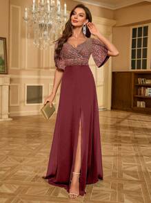 UNITHORSE Sequin Chiffon Formal Dress, Black Elegant Gown For Prom, Wedding Guest, Graduation Ceremony, Evening Party, Bridal Shower - Redwood - View 6