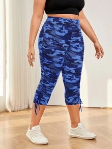 SHEIN Essnce 大码女式夏季休闲运动紧身裤、打底裤、七分裤、迷彩裤、迷彩裤、休闲裤 - 藍色 - 查看 4