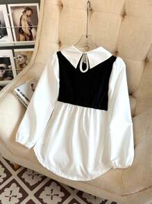 Sparklyn 青少年女孩休闲拼布撞色长袖荷叶边领衬衫