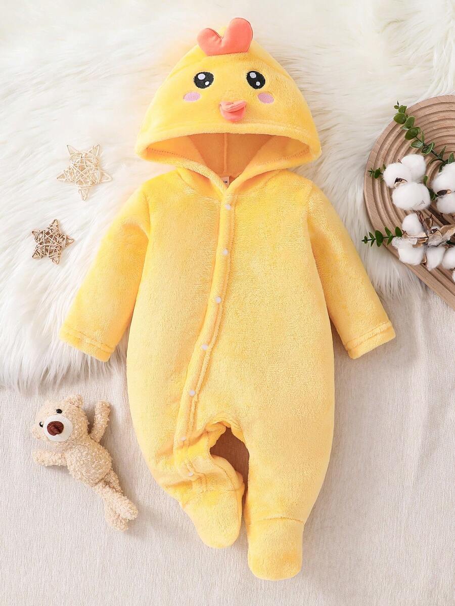 SHEIN Playful Pals 嬰兒女童黃色3D小雞造型長袖帽裝連體褲，家居服飾 - 黃色 - 查看 1