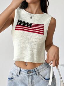 Chiquease Áo dệt kim họa tiết hình cờ thông thường cổ chữ V 2024 dành cho nữ - trắng - Xem 5