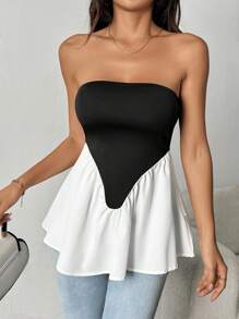 Chiquease Top tubo sin mangas con dobladillo con volantes de color contrastante para mujer