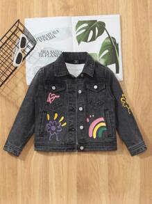 SHEIN Young Girls Embroidered Snowflake + Printed Denim Jacket - Black - View 1