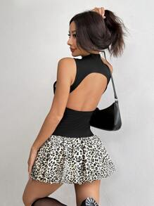 SHEIN EZwear Women's Jacquard Leopard Patchwork Backless Dress - Black - View 6