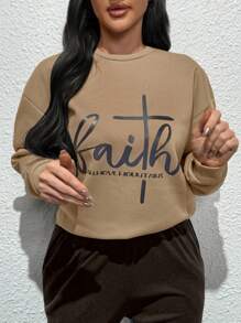 INAWLY Áo nỉ ấm áp in chữ "Faith CAN MOVE MOUNTAINS" (Niềm tin có thể dời núi) - Áo nỉ chui đầu mùa thu. - Màu Khaki - Xem 2