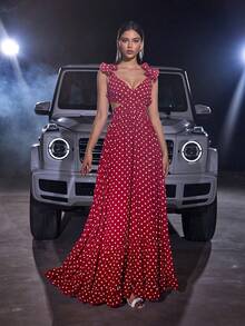 Polka Dot Ruffle Trim Maxi Chiffon Dress For Party Prom - Burgundy - View 7