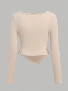 SHEIN Girlism 少女秋季杏色罗纹圆领收腰不对称下摆休闲长袖 T 恤 - 杏色 - 查看 2