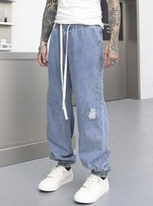 Manfinity Homme 大码男式抽绳腰休闲牛仔裤 - 藍色 - 查看 1