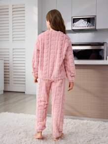 青少年女孩法兰绒睡衣，冬季保暖柔软粉色心形印花羊毛裤和宽松休闲长袖上衣 2 件套家居服套装，母女配套服装（3 套单独出售） - 粉色 - 查看 2