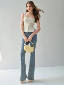 Enchnt 女士浪漫花卉刺绣夏季系带假荷叶边厚肩性感背心