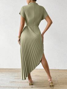 Calvaya Vestido elegante maxi con cuello alto, plisado asimétrico en el bajo para mujer