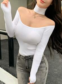 DAZY Jersey ajustado con hombros descubiertos para mujer, nueva llegada de otoño, top con hombros descubiertos - Blanco - Ver 4
