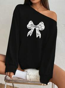 SHEIN Unity Áo len nữ mùa xuân hè đính nơ thêu cổ bất đối xứng - màu đen - Xem 1