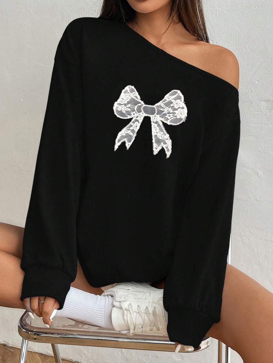 SHEIN Unity Áo len nữ mùa xuân hè đính nơ thêu cổ bất đối xứng - màu đen - Xem 1