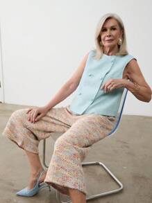 SHEIN LUNE بنطلون كابري نسائي فضفاض واسع الساق بجيوب وطباعة تعتيق - متعدد الألوان - مشاهدة 8