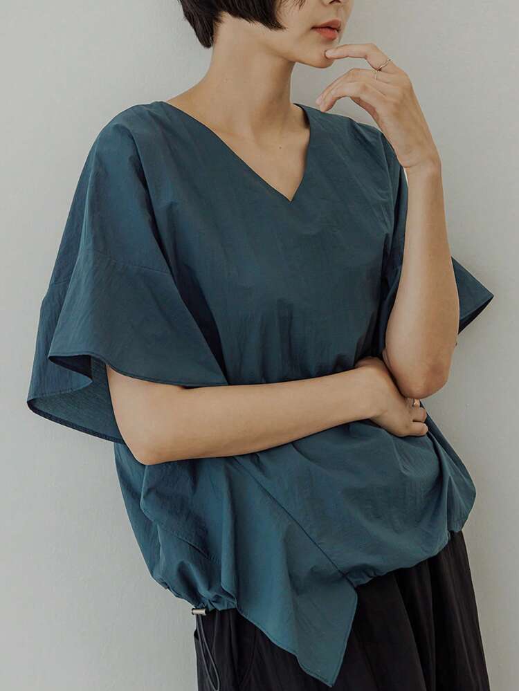 Women V-Neck Drawstring Hem Shirt,Fall Clothes