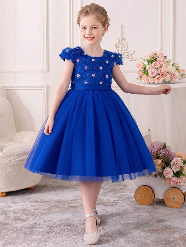 Girls' Unique Elegant Floral Sequin Decor Blue Dress, Suitable For Party, Performance, Birthday, Festival Parade, Stage, Music Concerts, Daily Wear