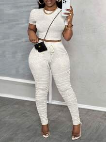 Slaydiva 2pcs Women's Casual Sports Set With Cropped Top And Ruched Shorts - Beige - View 6