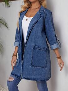 SHEIN LUNE Áo khoác denim có cổ dài vừa phải, trang phục thường ngày - Rửa tối - Xem 5